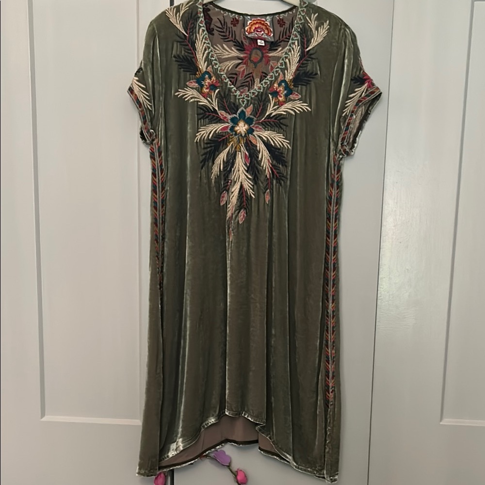 Johnny Was velvet green Asymmetrical V-Neck Sundress with Short Sleeves
